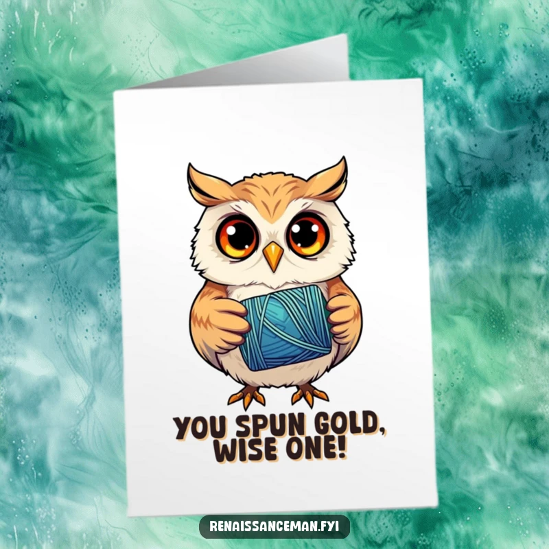 Funny free printable congratulations card: a focused owl holds thread, celebrating a perfectly crafted win.