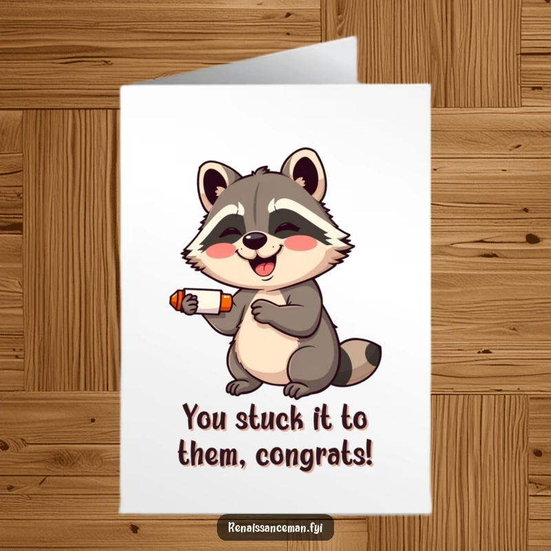 Funny Free Printable raccoon smiling widely while using a glue stick for a congratulations card, looking joyful, ideal DIY gift.
