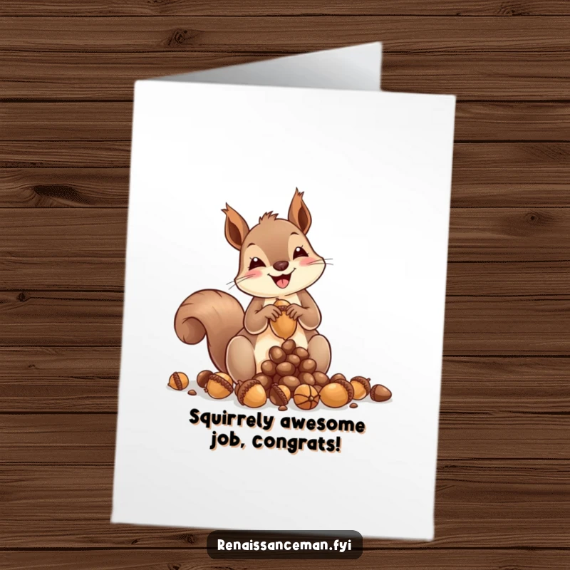 Funny free printable congratulations card showing a squirrel busy crafting with acorns, a unique downloadable for celebrations.