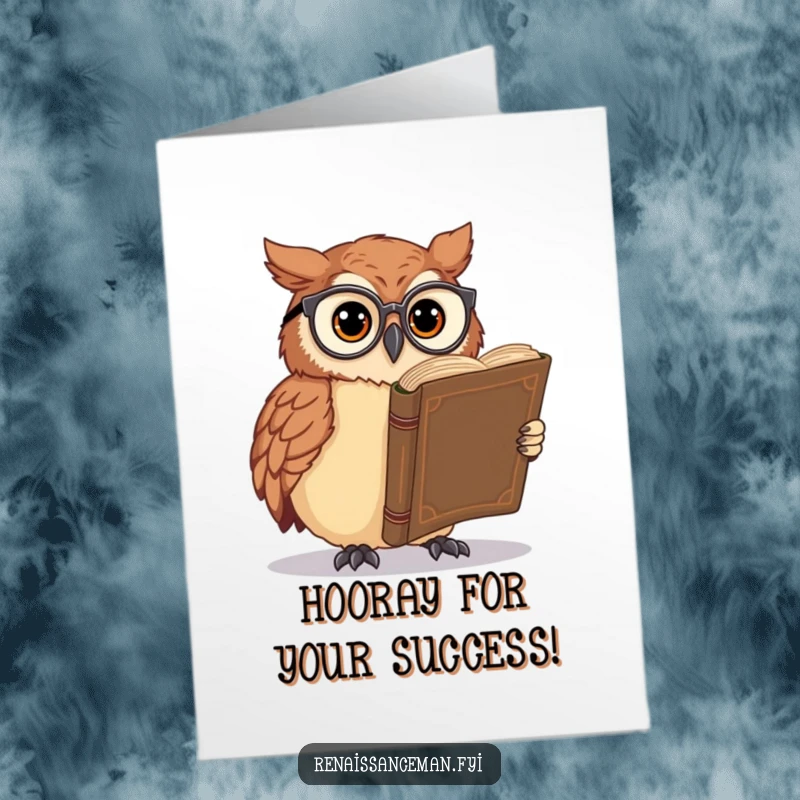 Funny free printable congratulations card showing a scholarly owl with spectacles engrossed in a large old book, a downloadable treasure.