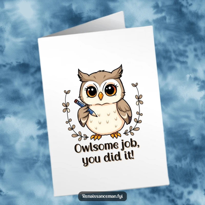 Funny Free Printable owl with a pen, drawing a decorative border for a congratulations card, radiating cleverness, ideal DIY gift.