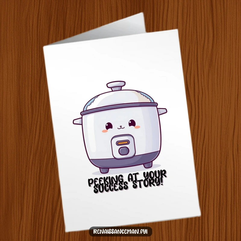 Funny Free Printable Congrats Card: A curious rice cooker peeks from behind a foggy lid, celebrating your achievement.