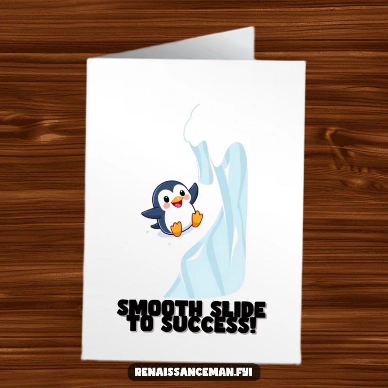 Funny Free Printable Congrats Card: Exhilarated penguin sliding down an icy slope, celebrating a thrilling success.
