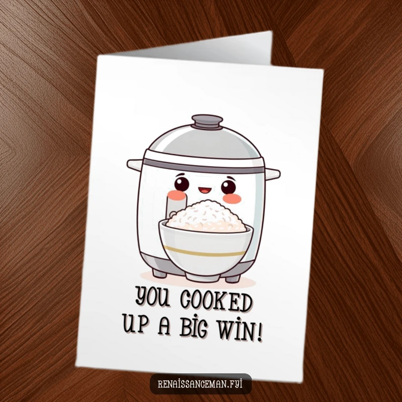 Funny Free Printable Congrats Card: Proud rice cooker presenting a perfectly cooked bowl of rice, celebrating success.
