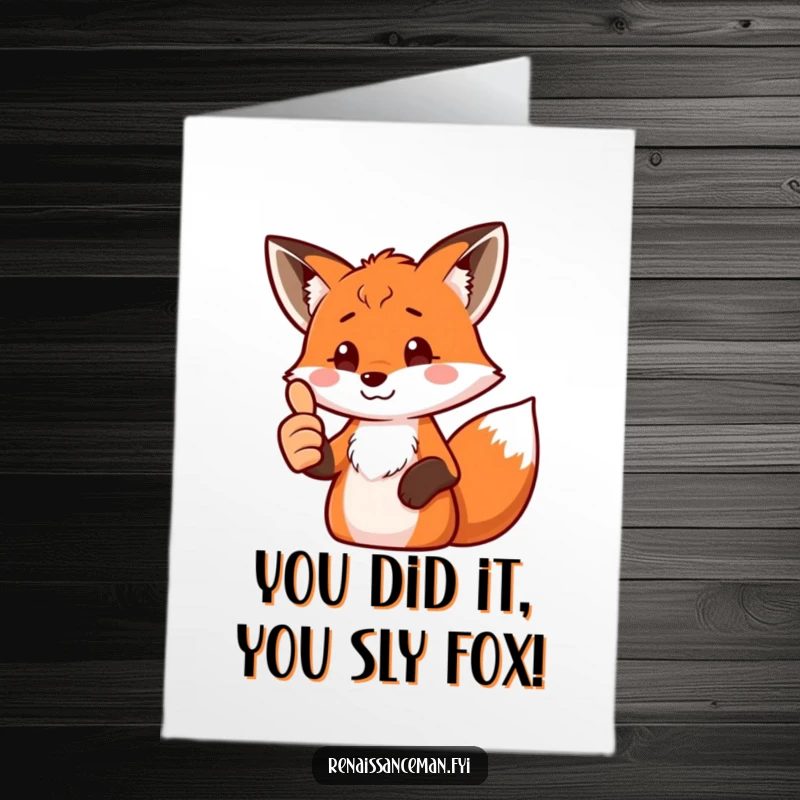 Funny Free Printable Congratulations Card: Proud fox cheering with a thumbs up, celebrating success digitally.