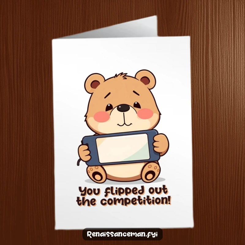Funny Free Printable Congratulations Card with a playful bear holding a phone upside down, sporting a confused smile, celebrating anyway.