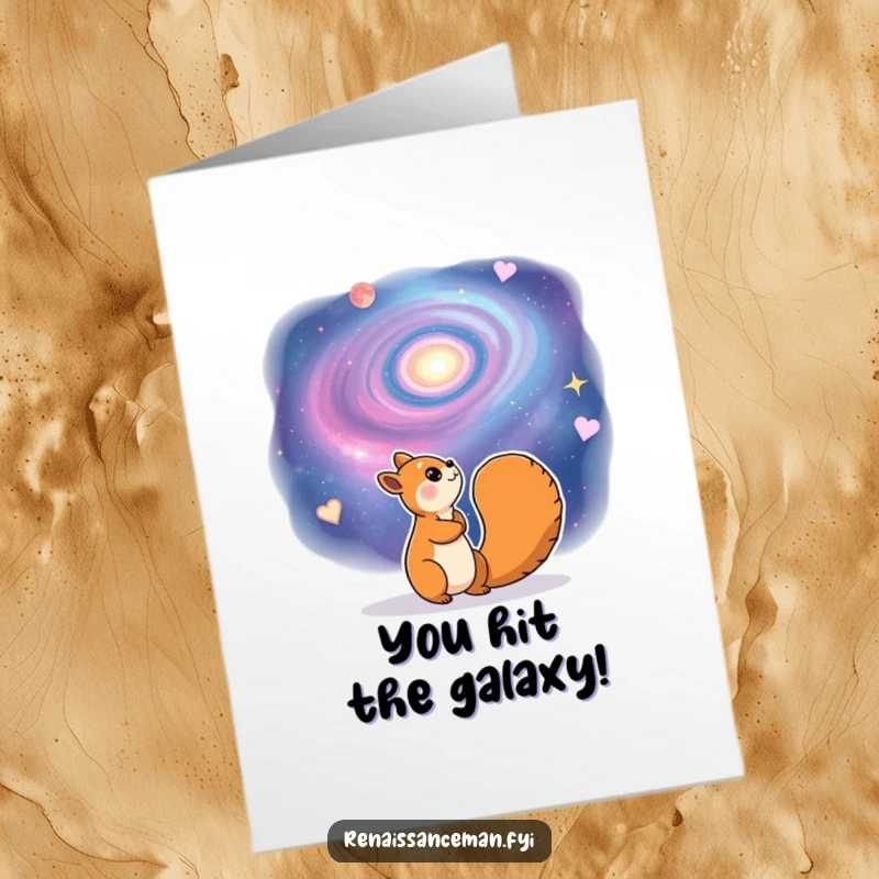 Funny free printable congratulations card showing a cheerful squirrel gazing dreamily at a beautiful, swirling galaxy, celebrating aspirations.