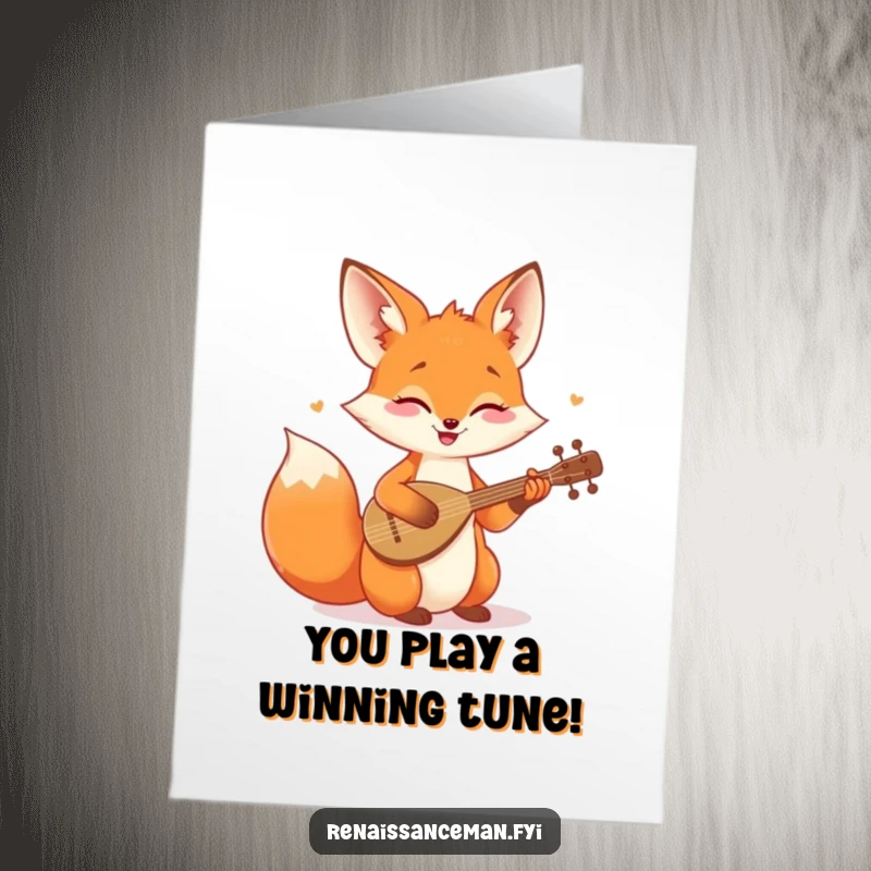 Funny Free Printable Congratulations Card: Cheerful fox playing a happy tune on a tiny lute for a celebration.