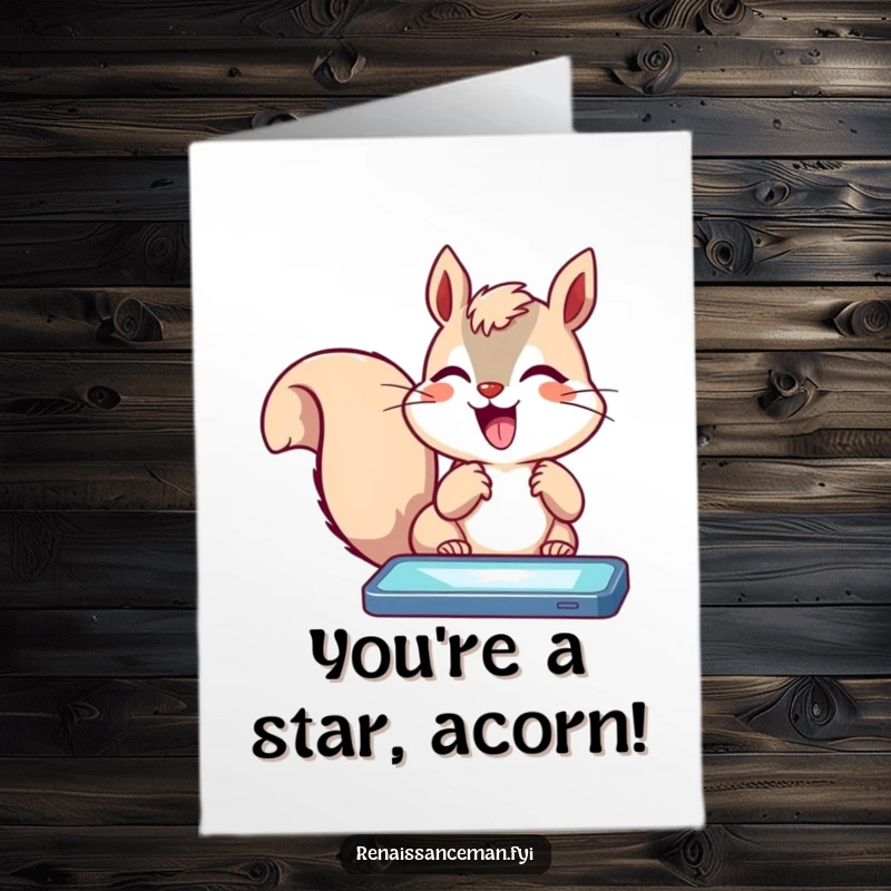 Funny free printable congratulations card, delighted squirrel rapidly tapping a glowing phone, excited animal tech celebration.