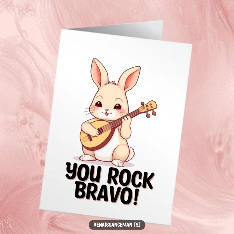 Funny Free Printable Congratulations Card: A focused rabbit skillfully plays a lute, celebrating an achievement.