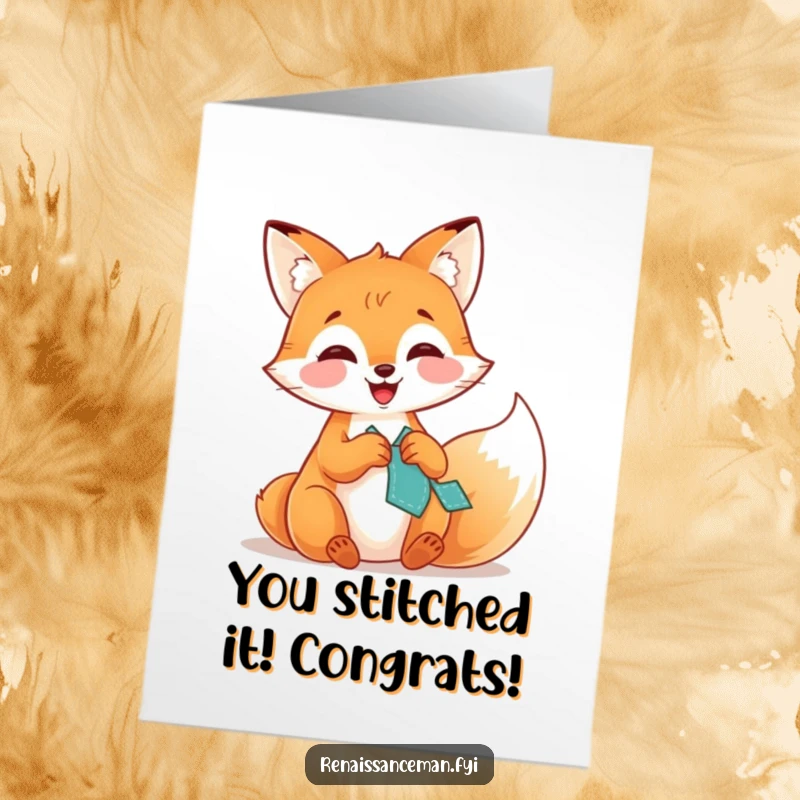 Funny Free Printable Congratulations Card showing a giggling fox expertly stitching a patch, ideal for joyful DIY celebrations.