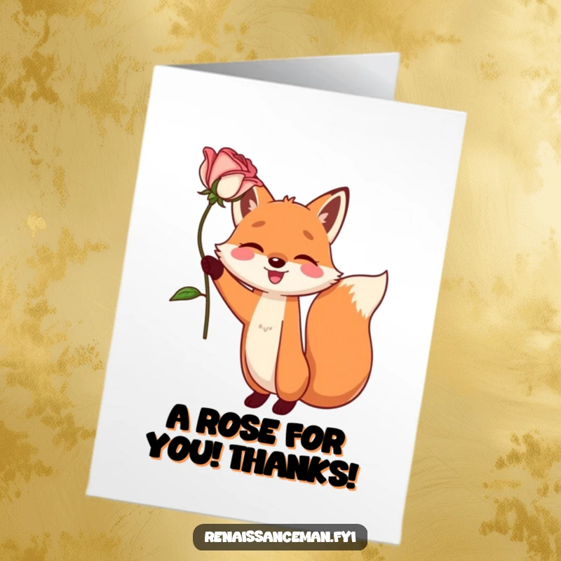 Funny free printable thank you card with a happy fox dramatically presenting a single, perfect rose aloft, conveying thanks with theatrical flair.