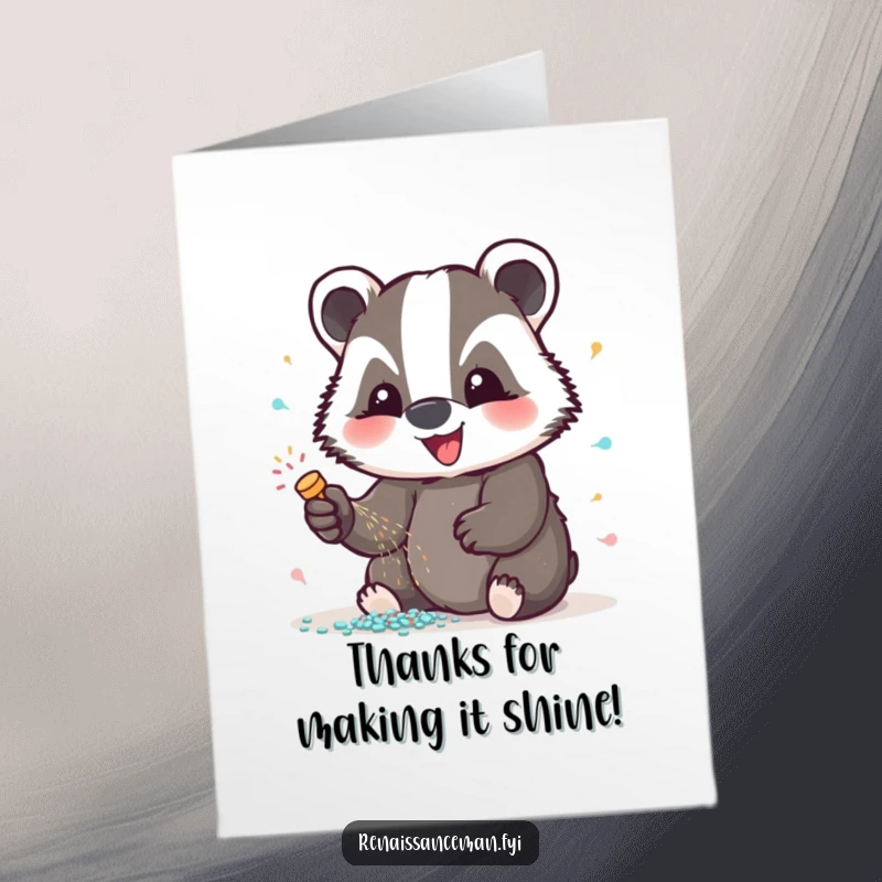 Funny Free Printable Thank You Card: Delightful badger adding glitter with enthusiasm, a sparkly way to say thanks, download.