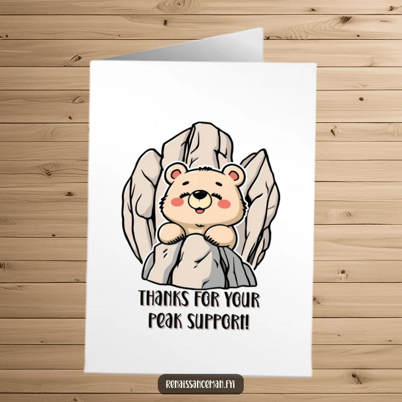 Funny Free Printable Thank You Card: Proud bear beaming down from a rocky peak, expressing heartfelt thanks.