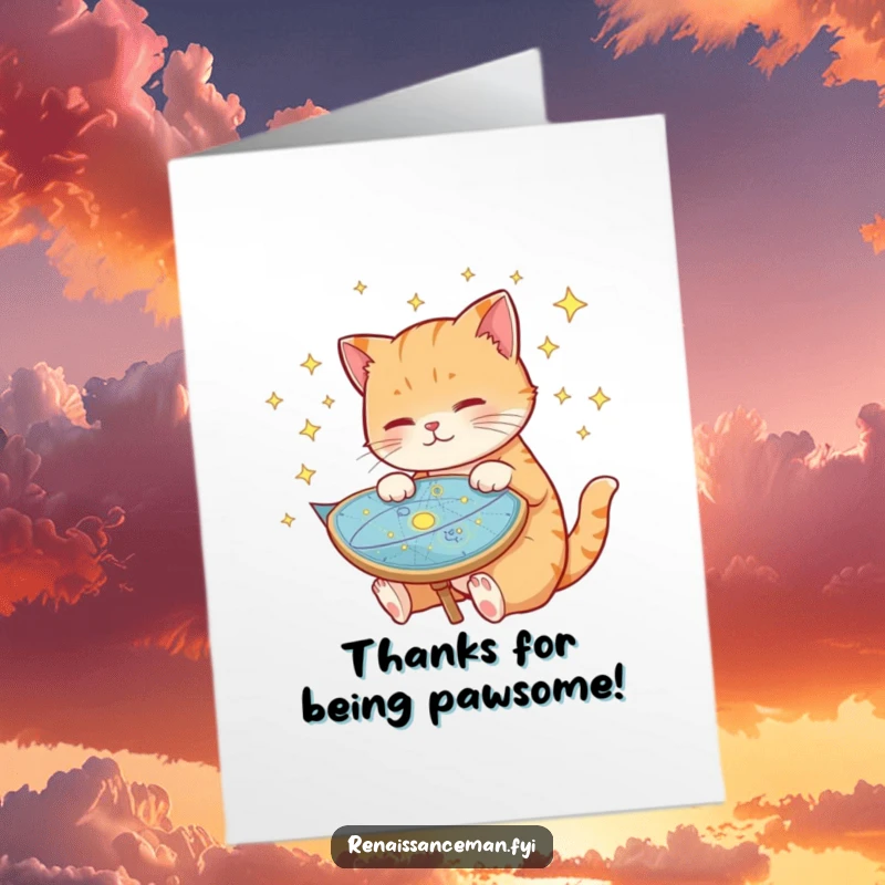 Funny free printable thank you card with a playful cat looking at a star chart, a unique downloadable for thanks.