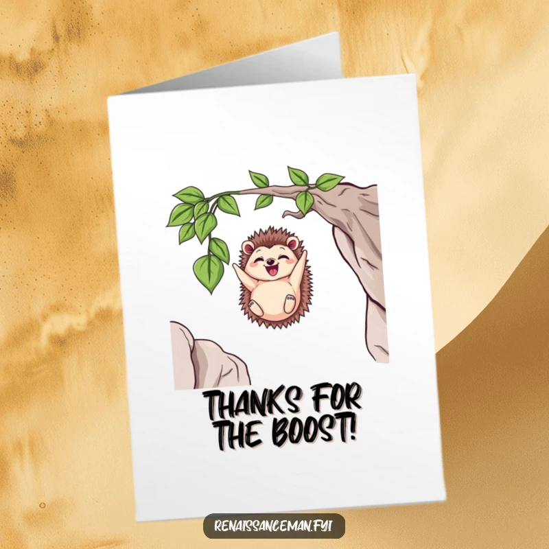 Funny Free Printable Thank You Card: Cheerful hedgehog hanging from a vine, expressing thanks with daring flair.
