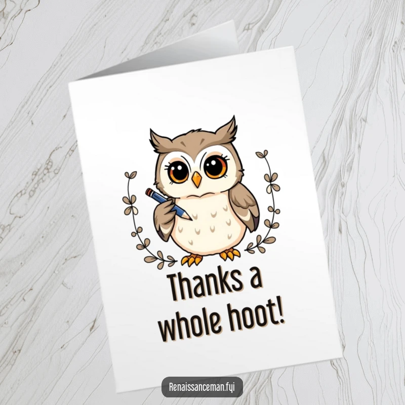 Funny Free Printable owl holding a pen, drawing a decorative border for a thank you card, looking wise and grateful, nice gift.