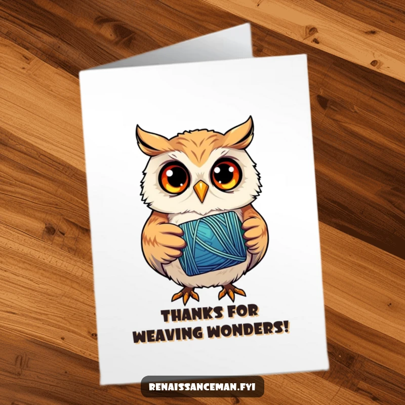 Funny free printable thank you card: a curious owl with focused eyes holds a spool of vibrant thread.