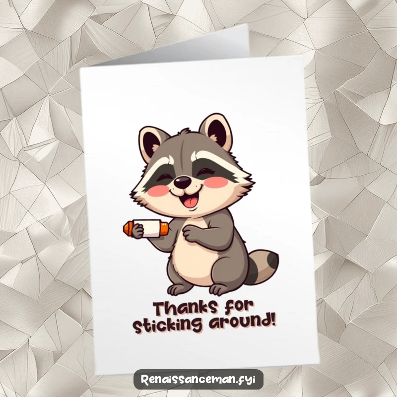 Funny Free Printable raccoon giggling with a glue stick for a thank you card, showing adorable mischief, excellent gift.