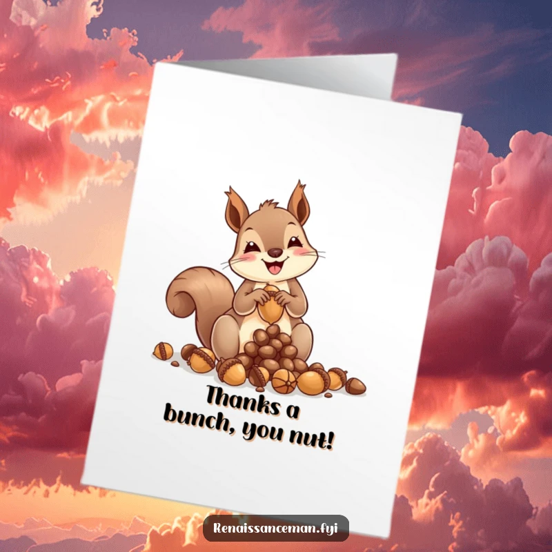 Funny free printable thank you card with a squirrel sculptor working on acorn art, a charming downloadable expression of thanks.