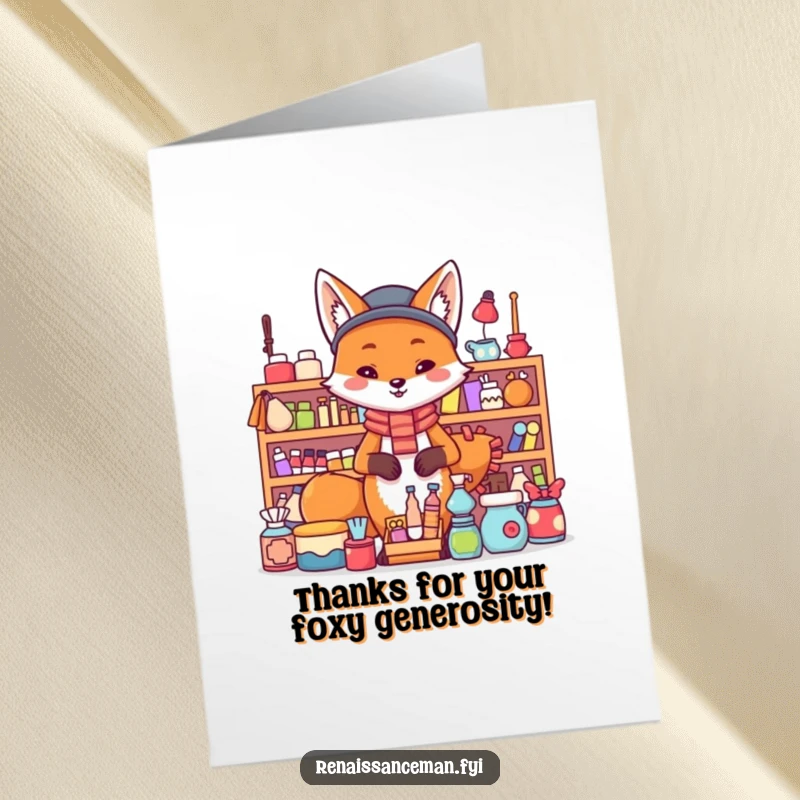Funny Free Printable Thank You Card: A proud fox stands confidently behind a large display of items, offering his thanks.