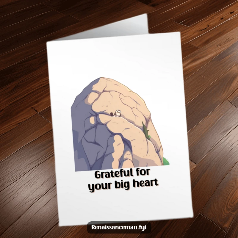 Funny Free Printable Thank You Card: Curious bird peeking over a large boulder, perfect for expressing thanks.