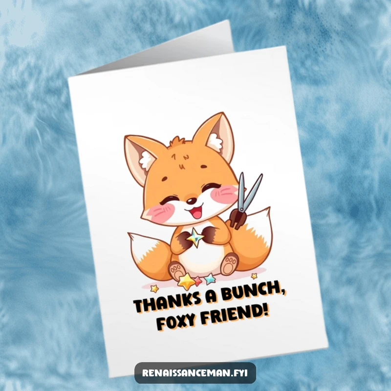 Funny Free Printable fox carefully cutting a shiny embellishment for a thank you card, showing focus and charm, ideal DIY gift.