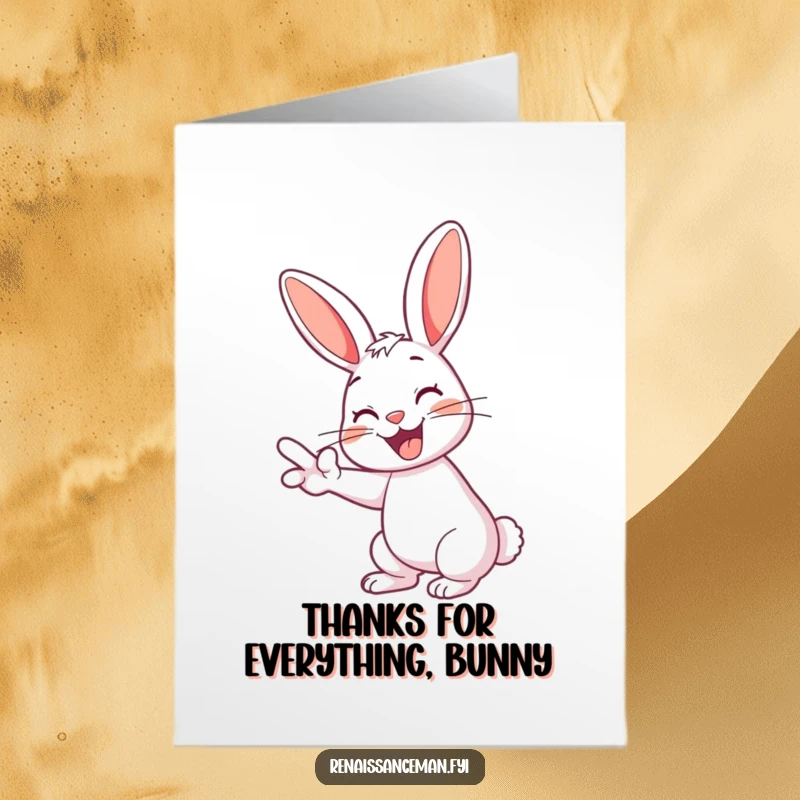 Funny Free Printable Thank You Card: Cheerful rabbit enthusiastically swiping left with a playful grin. Humorous downloadable art.