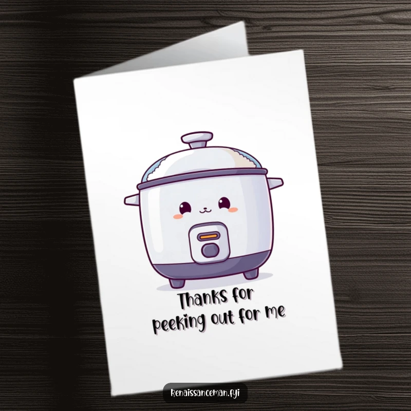 Funny Free Printable Thank You Card: A curious rice cooker peeks from behind a steamy lid, showing appreciation.