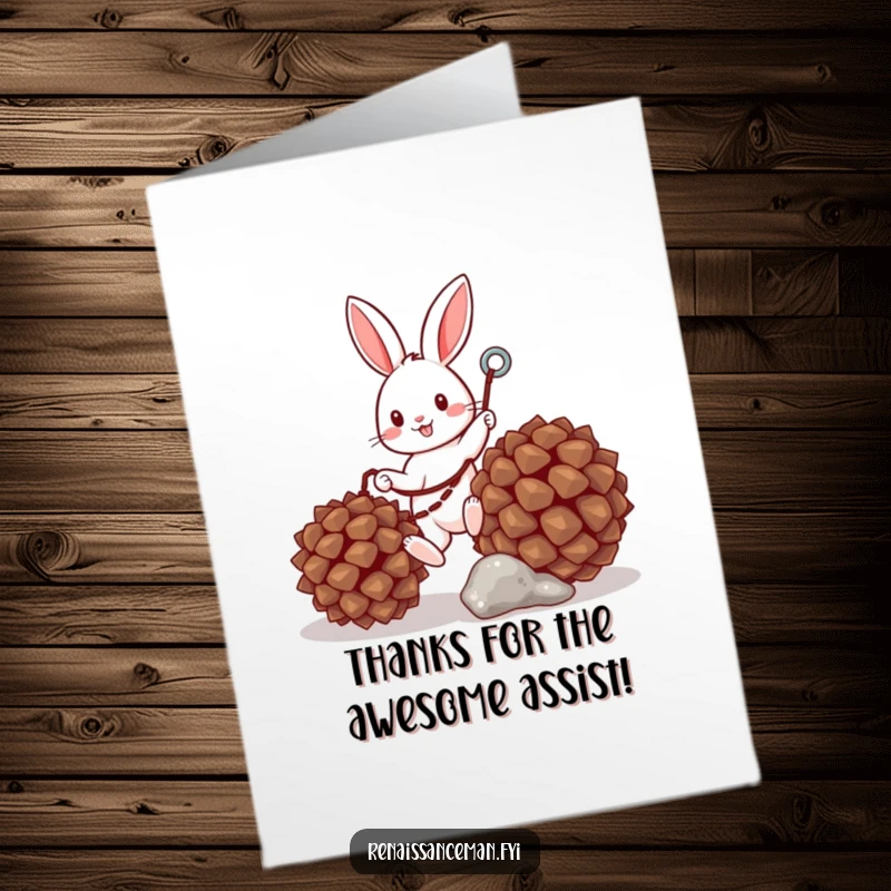 Funny Free Printable Thank You Card: Cute bunny with grappling hook scaling a pinecone, perfect for showing appreciation.