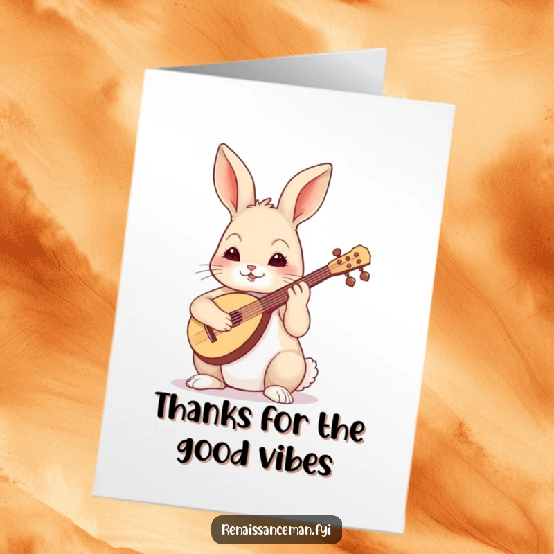 Funny Free Printable Thank You Card: A focused rabbit plays a lute, offering a musical expression of thanks.