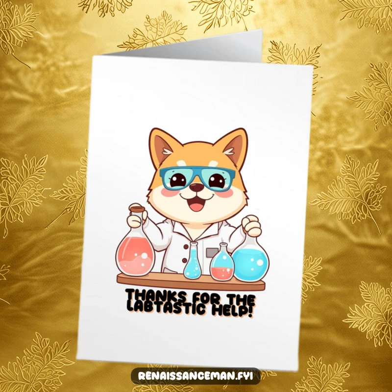 Funny Free Printable Thank You Card: Beaming Shiba Inu conducts a bubbling science experiment, showing thanks with enthusiasm.
