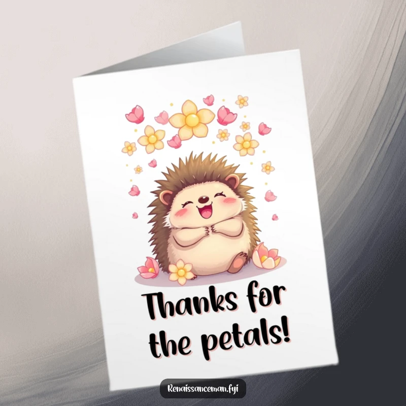 Funny Free Printable Thank You Card: a joyful hedgehog embracing under glowing petals, conveying heartfelt thanks.