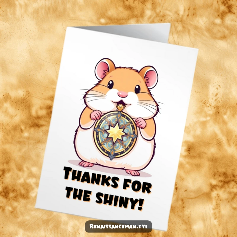 Funny Free Printable Thank You Card: a proud hamster presents a beautifully crafted locket, symbolizing deep appreciation.