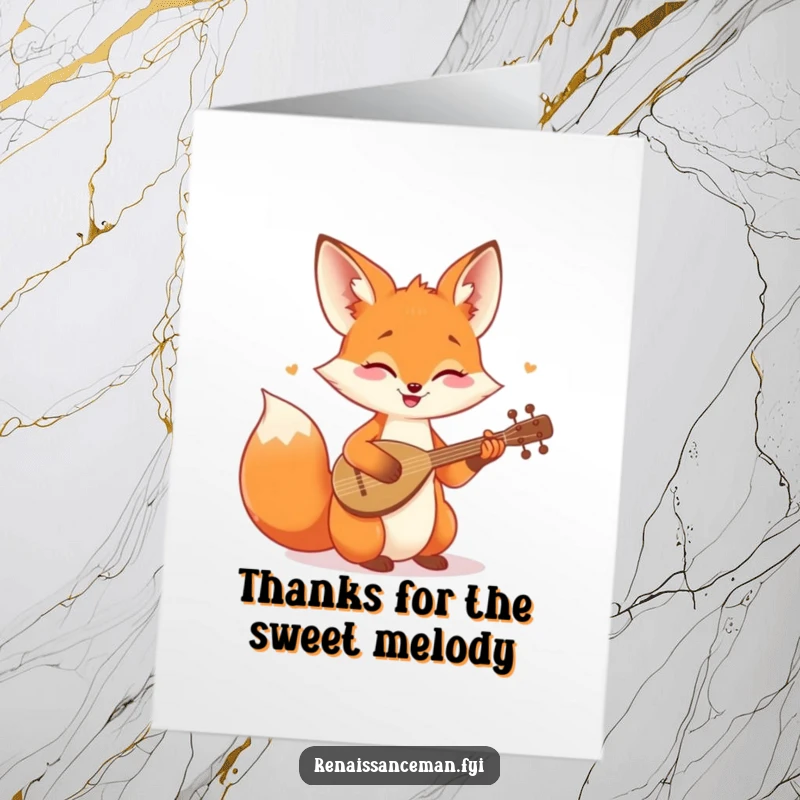 Funny Free Printable Thank You Card: Cheerful fox playing a tiny lute, sending musical thanks.