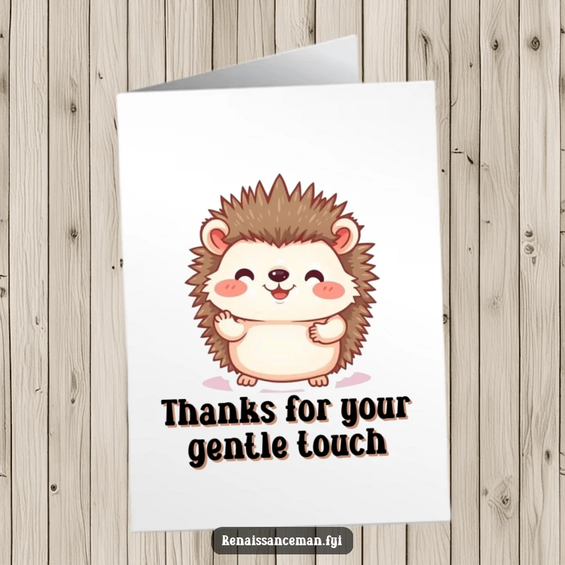Funny Free Printable Thank You Card: Joyful hedgehog carefully placing a photographic print, a heartfelt thank you with charm, download.