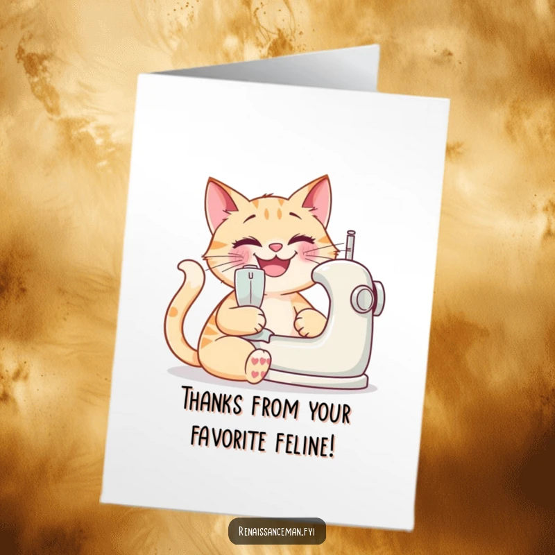 Funny Free Printable Thank You Card: Happy cat sewing with a grin, expressing gratitude with crafty delight.