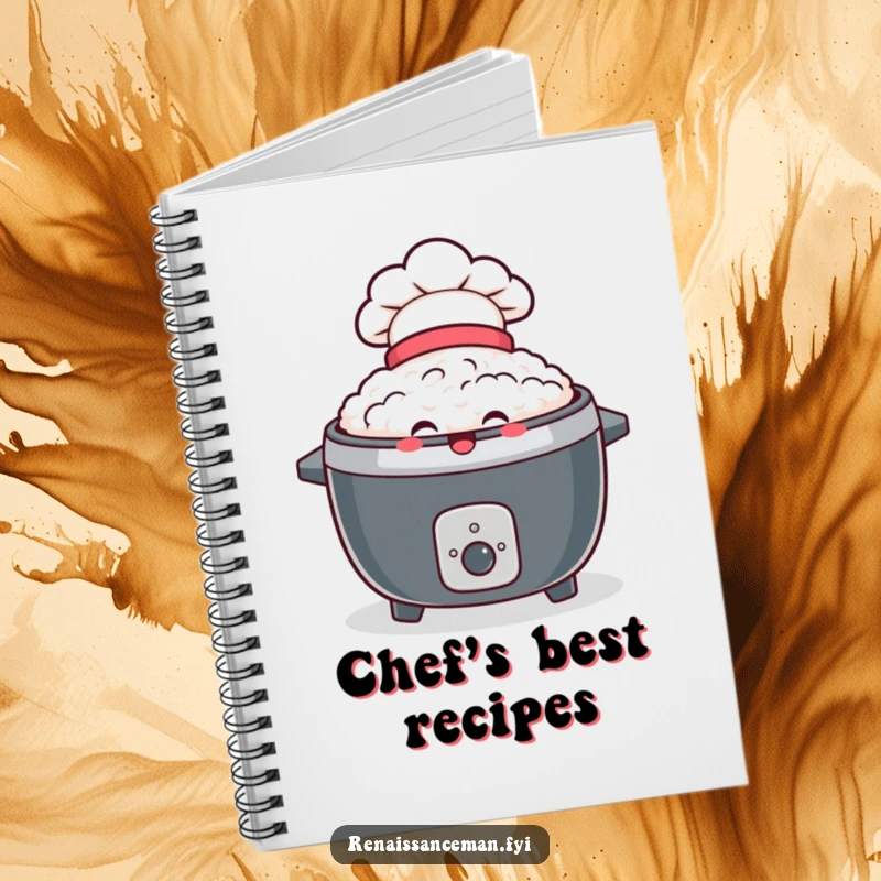 Funny notebook featuring a delighted rice cooker wearing a tiny chef hat, ideal for recipes, notes, or culinary planning.
