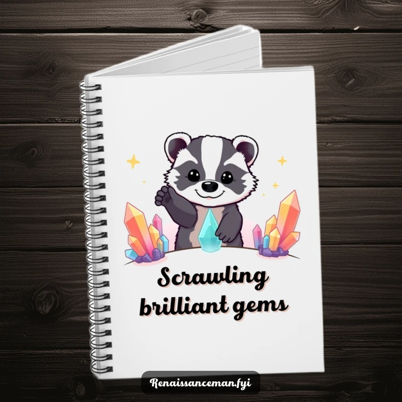 Funny Beaming Badger Reaching for Distant Colorful Crystal Formation, Humorous Notebook for Ideas.
