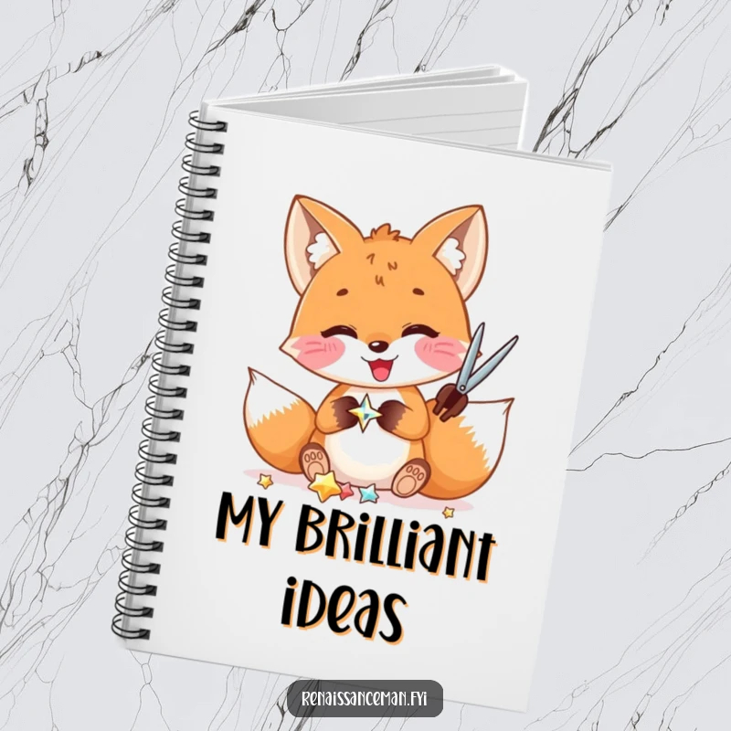 Funny notebook: A delighted fox with scissors cuts a shiny embellishment, perfect for jotting down creative thoughts.