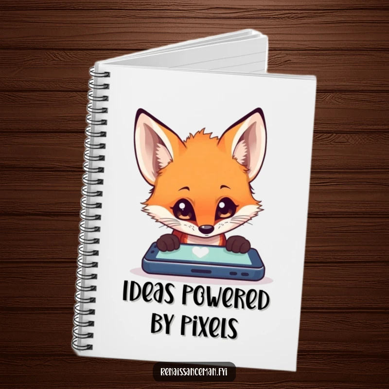 Funny fox intensely focused on a mobile device, featured on the cover of a lined notebook for capturing funny thoughts.