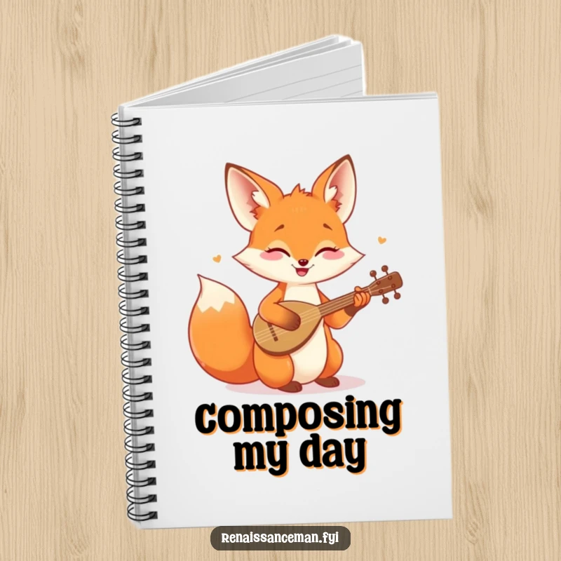 Funny notebook with a cheerful fox playing a tiny lute, ideal for jotting down musical ideas and lyrics.