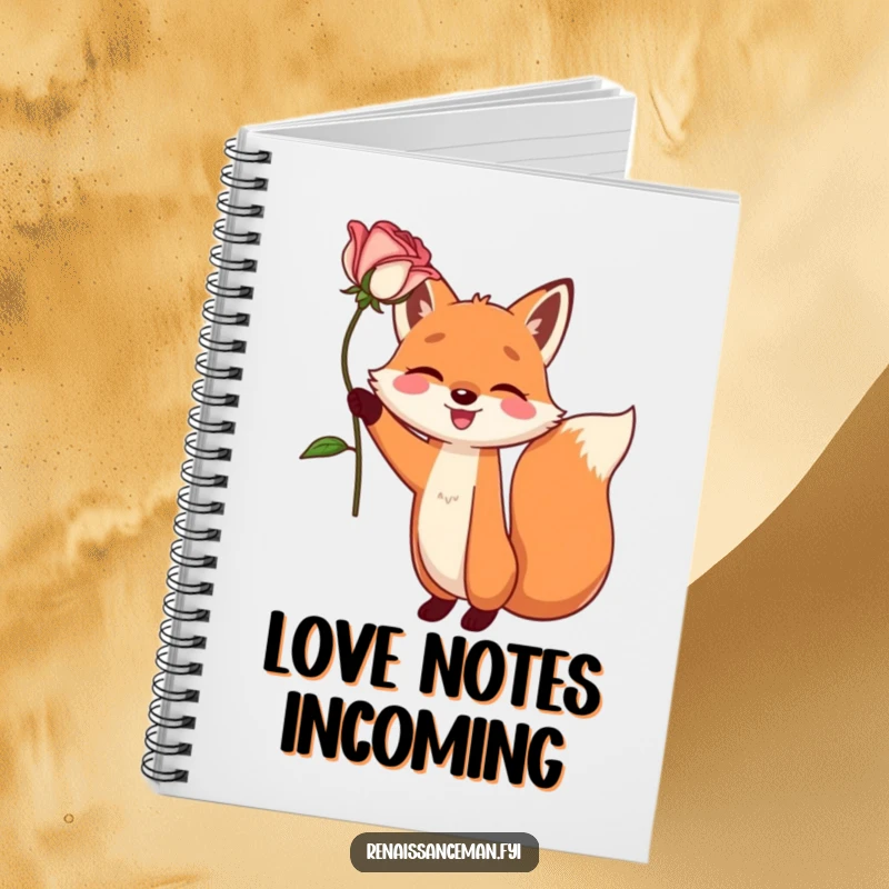 Funny notebook with a happy fox character dramatically holding a single, perfect rose aloft. Great for journaling and creative ideas.