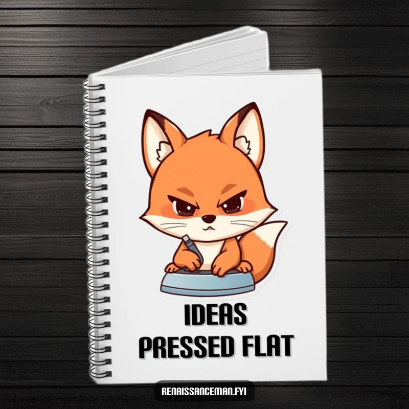 Funny notebook cover featuring a determined fox with a focused expression, iron pressing a seam, perfect for planning.