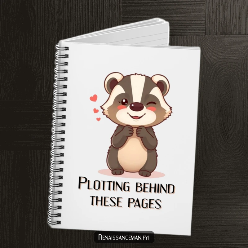 Funny notebook with a giggling badger whispering secrets, perfect for journaling with a humorous and mischievous touch.
