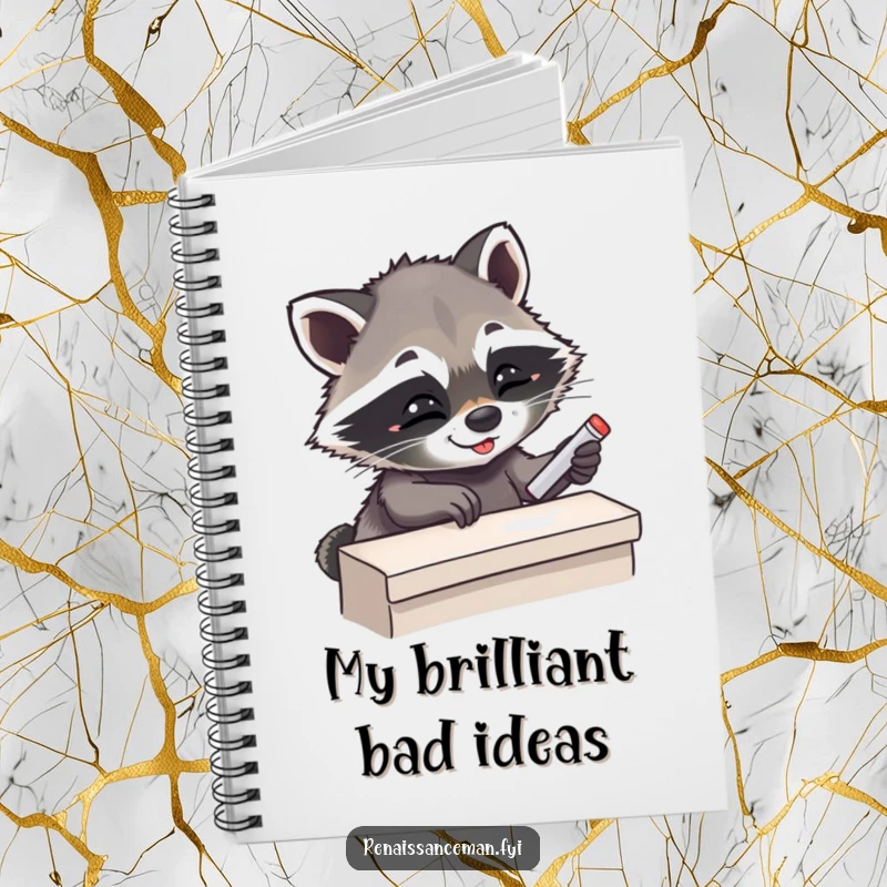Funny Giggling Raccoon Placing Chalk on Ledge, Notebook for Ideas, Humorous Stationery.