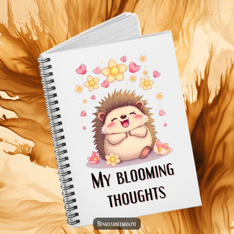 Funny hedgehog embracing under glowing petals, a notebook for capturing joyful thoughts and happy moments with a beautiful, uplifting design.