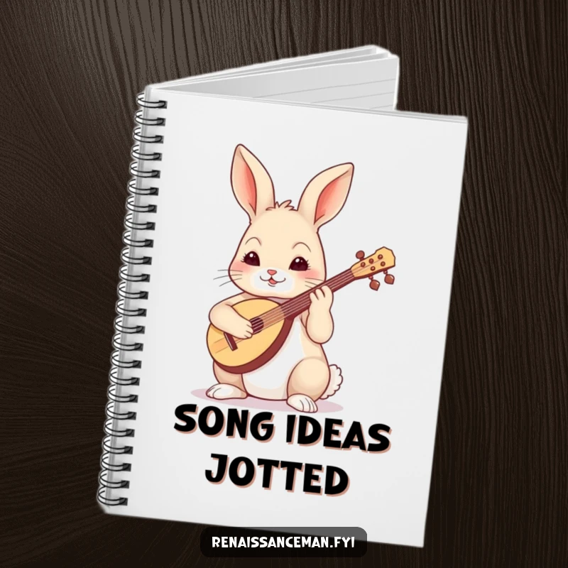Funny skilled rabbit playing a lute with focus, ready to jot down musical notes.