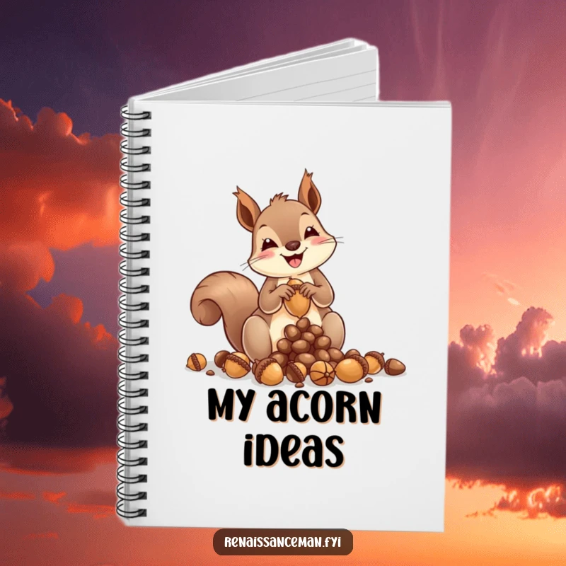 Funny squirrel notebook, enthusiastically crafting acorn art on the cover, ready to capture your thoughts, perfect for journaling and sketching.