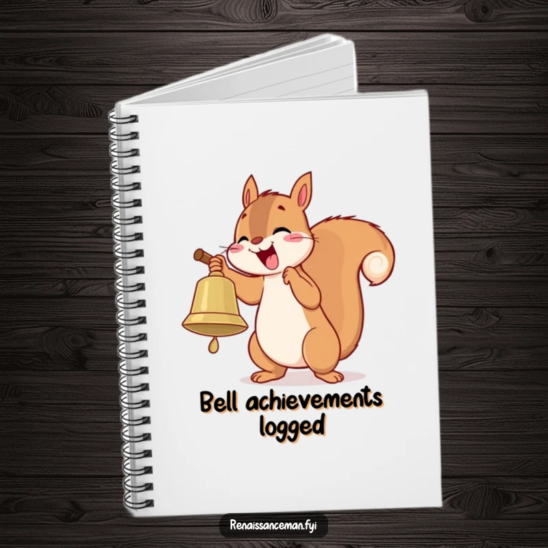 Funny notebook with a playful squirrel enthusiastically ringing a large bell with delight, inspiring exciting ideas.